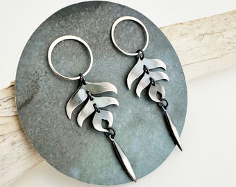 Circle Post Earring with Abstract Feather and Spike  - Sterling Silver Statement Earrings