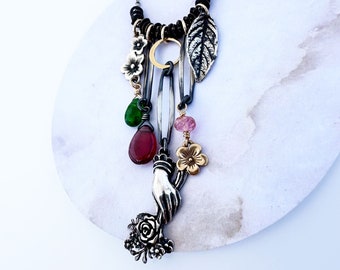 Victorian Hand Holding Flowers Charm Necklace with Flowers, Leaf and Gemstones - Sterling Silver, Gold, Bronze - Symbol of Friendship