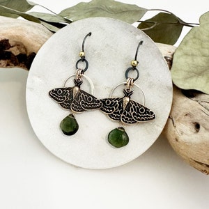 Luna Moth in Circle Frames and Deep Green Gemstone - Sterling Silver and Bronze Talisman Earrings