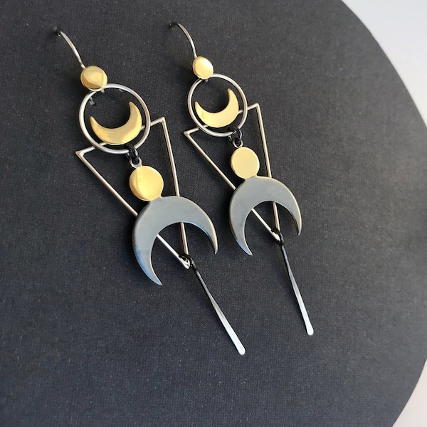 Moon Phase Geometric Earrings - Bronze, Silver and Black Silver