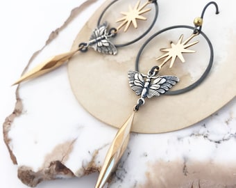 Luna Moth with Big Star and Full Moon Earrings with Faceted Spike - Sterling Silver and Bronze Talisman Earrings