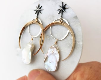 Crescent Moon Star Earrings: Sterling Silver, Bronze & Pearl