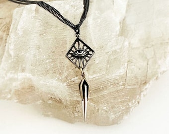 Eye of Providence Charm Necklace with Clawed Spike on Triple Micro-Curb Chain - Silver and Bronze