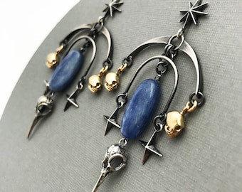 Mobile Arch Earrings with Skulls, Stars, and Kyanite Gemstones