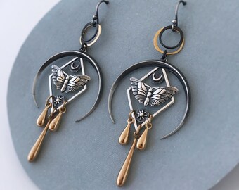 Moth & Moon Earrings - Sterling Silver, Gold and Bronze