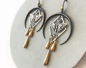 Moth & Moon Earrings - Sterling Silver, Gold and Bronze