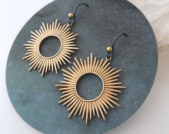 Large Circle Sunburst Earrings - Bronze and Oxidized Silver Celestial Earrings