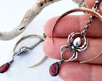 Spider under Moon Earrings - Sterling Silver, Bronze, and Garnet