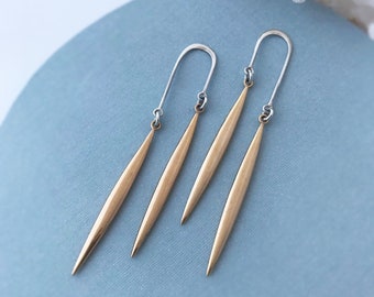 Modern Mobile Arch Earrings with Double Spikes - Long Post Earrings - Sterling Silver & Bronze