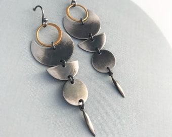 Long Cosmic Moon Phase Earring - Mixed Metal Dark Oxidized Earring - Crescent Moon, Half Moon, Full Moon