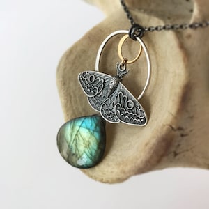 Luna Moth Necklace: Sterling Silver, Gold, and Labradorite Gem