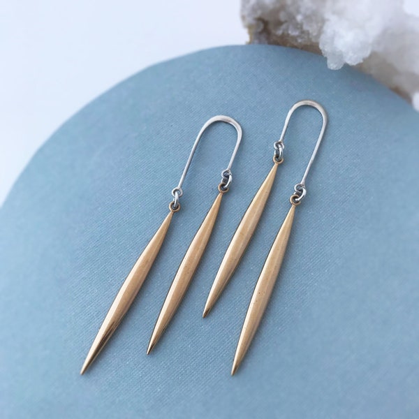 Modern Mobile Arch Earrings with Double Spikes - Long Post Earrings - Sterling Silver & Bronze