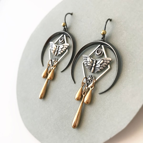 Moth & Moon Earrings - Sterling Silver, Gold and Bronze