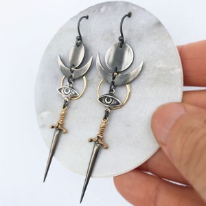 Moon Earrings with All Seeing Eye and Sword - Silver, Gold and Bronze