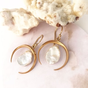 Small Crescent Moon and Pearl Earrings - Bronze Earrings with Shimmery Pearls