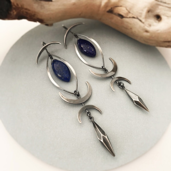 Triple Crescent Moon Earrings with Spikes - Sterling Silver & Blue Lapis Lazuli