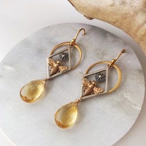 Cosmic Honey Bee & Sun Earrings in Diamond Frame - Sterling Silver, Gold and Citrines