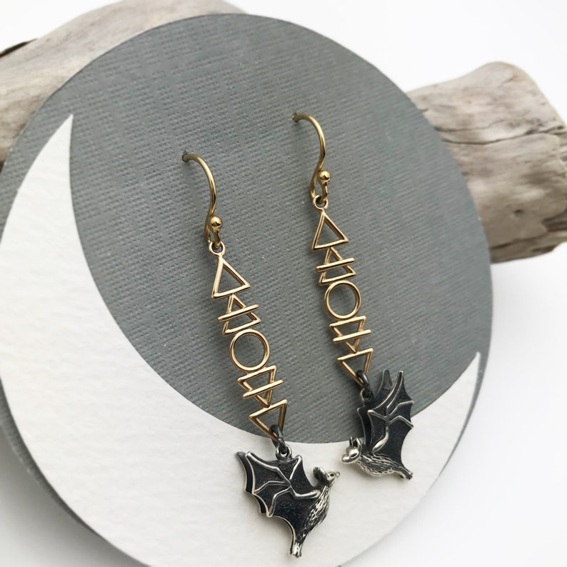 Cosmic Flying Bat Earrings with Fire Earth Air and Water Elements Sacred Geometric Hook Earrings image 9