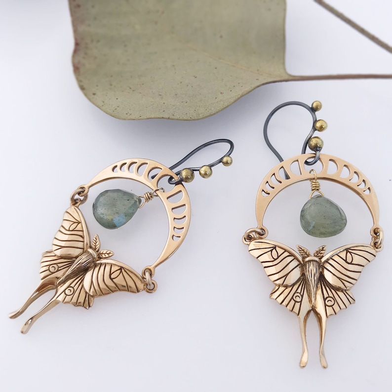 Bronze Luna Moth and Moon Phase Earrings with Green Moss Aquamarines image 9