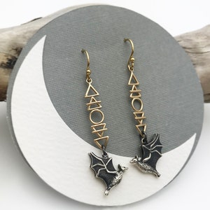 Cosmic Flying Bat Earrings with Fire Earth Air and Water Elements Sacred Geometric Hook Earrings image 8