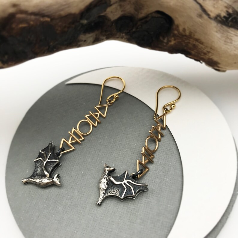 Cosmic Flying Bat Earrings with Fire Earth Air and Water Elements Sacred Geometric Hook Earrings image 4