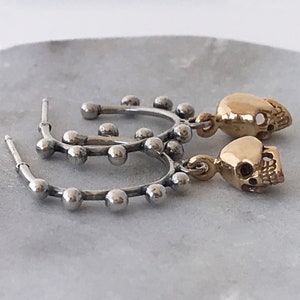 Skull Hoop Earrings with Dots - Sterling Silver & Bronze Skulls or Silver Skulls