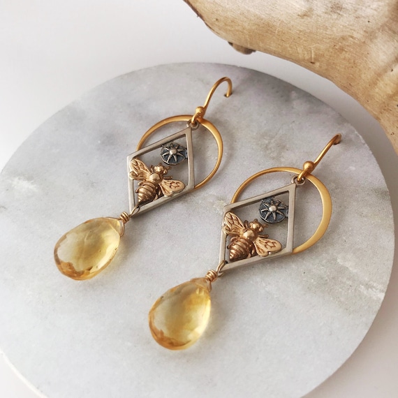 Cosmic Honey Bee & Sun Earrings in Diamond Frame Sterling | Etsy