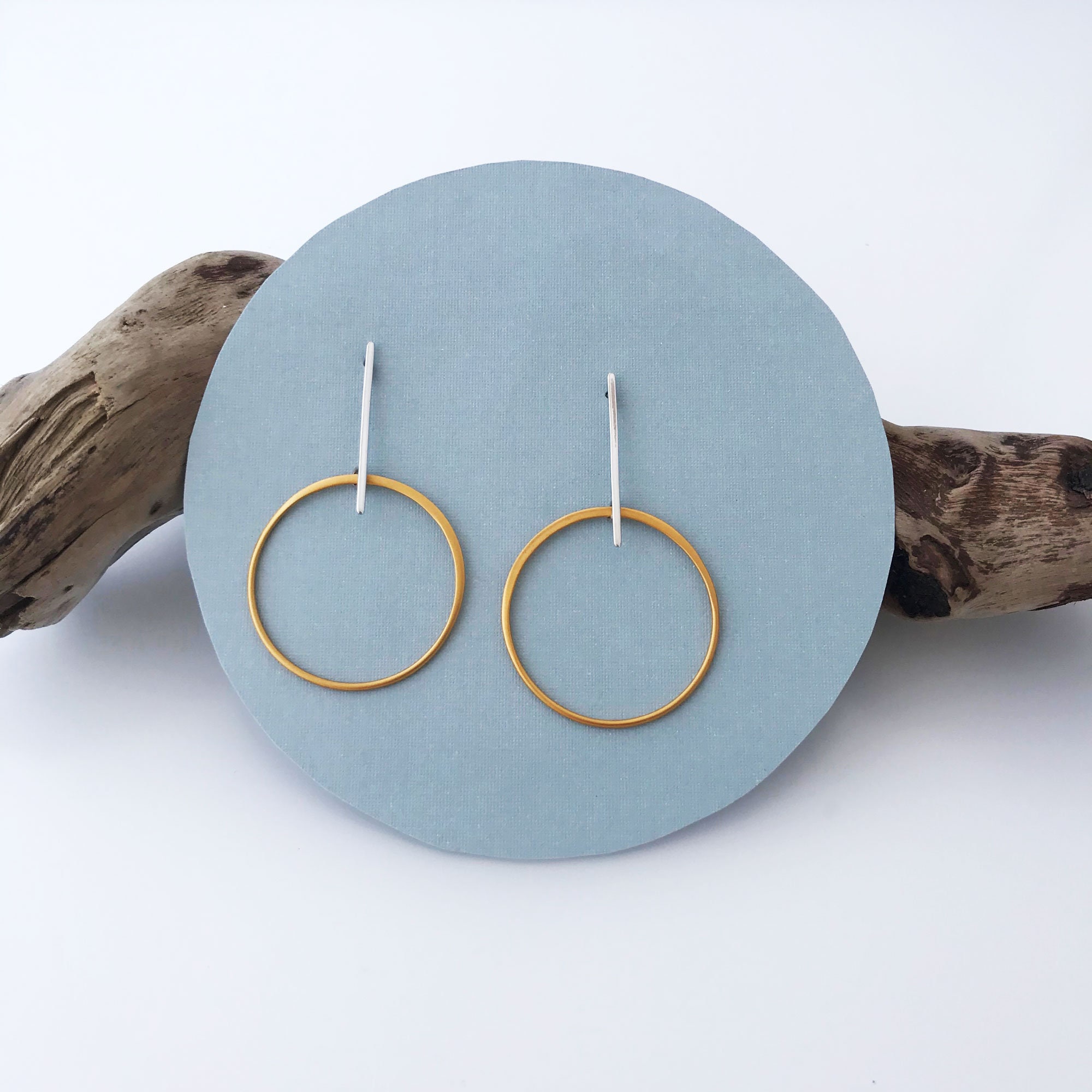 Circle and Line Modern Hook Earrings: Sterling Silver & Gold - Etsy