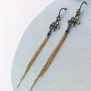 Geometric Bar Earrings with Bronze Dots and Long Gold Chain Tassel - Black Silver and Bronze Statement Earrings