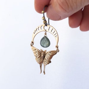 Bronze Luna Moth and Moon Phase Earrings with Green Moss Aquamarines image 4