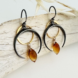 Ridged Crescent Moon Hook Earring with Citrine - Mixed Metal Earrings - Gold and Sterling Silver