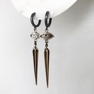 Huggie Hoop Earrings with Evil Eye and Spike Charm Sterling Silver Hoop Earrings Buy in Pairs or Single image 3