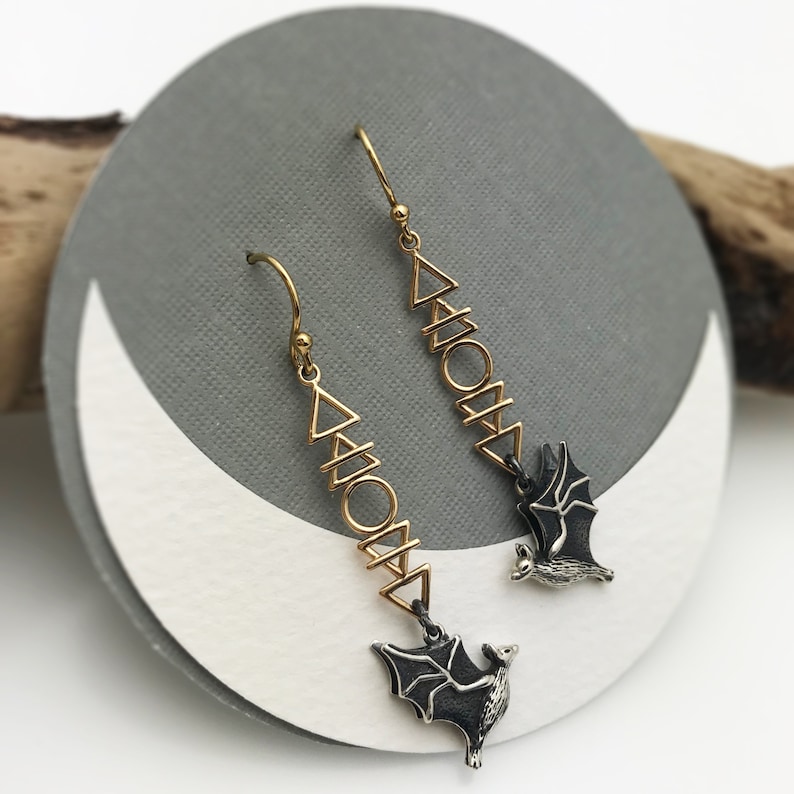 Cosmic Flying Bat Earrings with Fire Earth Air and Water Elements Sacred Geometric Hook Earrings image 5