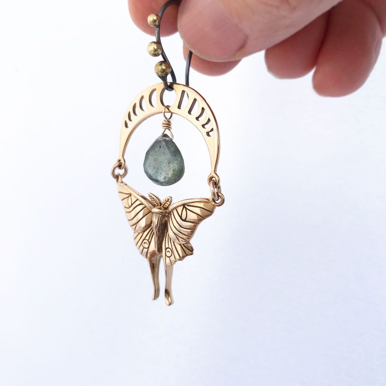 Bronze Luna Moth and Moon Phase Earrings with Green Moss Aquamarines image 1
