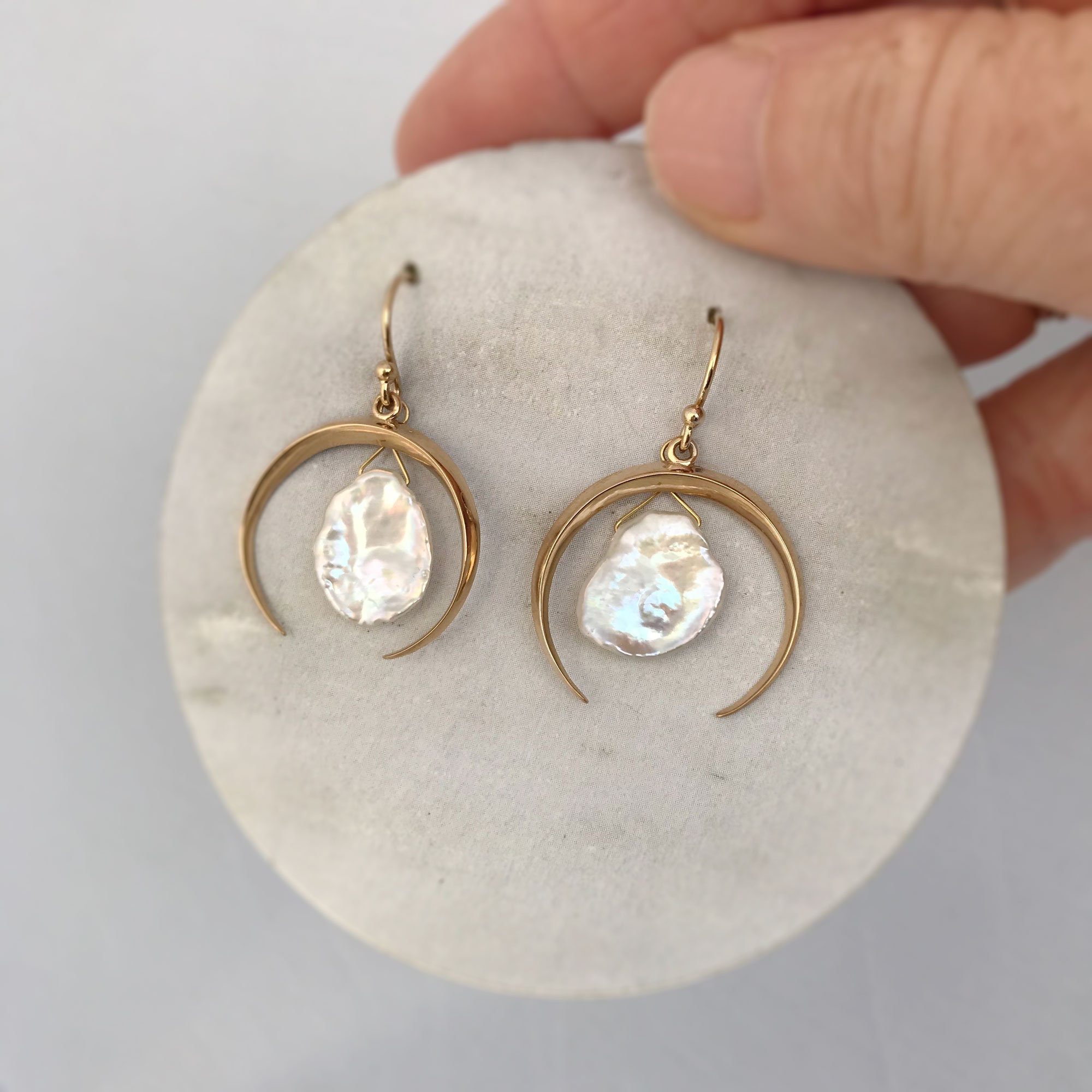 18K Crescent Moon Pearl Gold Baby Earrings – SouthMiamiJewelers