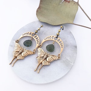 Bronze Luna Moth and Moon Phase Earrings with Green Moss Aquamarines image 5