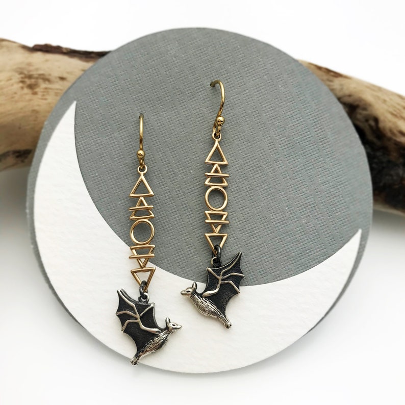 Cosmic Flying Bat Earrings with Fire Earth Air and Water Elements Sacred Geometric Hook Earrings image 2