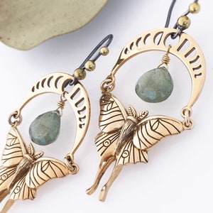 Bronze Luna Moth and Moon Phase Earrings with Green Moss Aquamarines image 3
