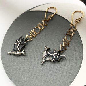 Cosmic Flying Bat Earrings with Fire Earth Air and Water Elements Sacred Geometric Hook Earrings image 6