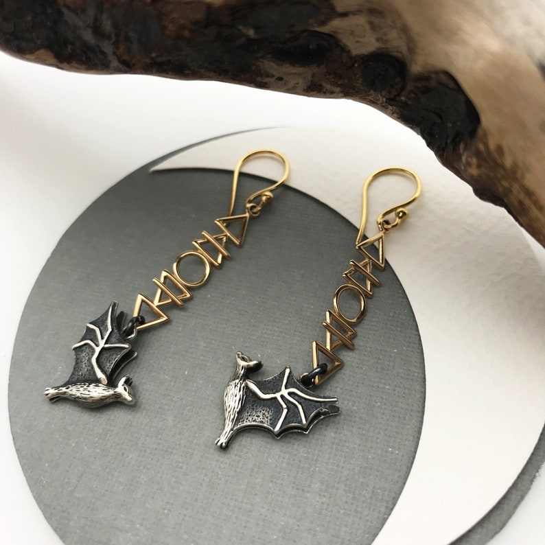 Cosmic Flying Bat Earrings with Fire Earth Air and Water Elements Sacred Geometric Hook Earrings image 1