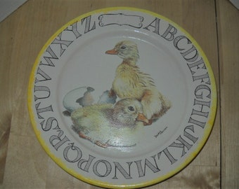 Kay Mallek Original 9 14 ironstone plate chicks Debbie Jensen artist yellow border alphabet