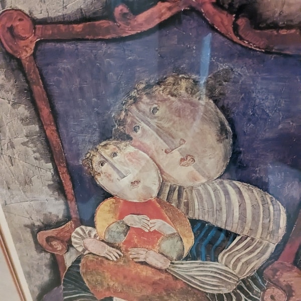 lithograph Boulanger Maternite mother and child purple blue chair Graciela Rodo under glass professional framed 1973 large 30 x 40 COA 250