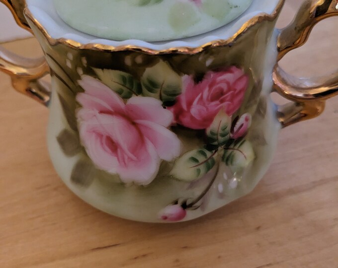 Sugar Bowl China Lefton Heritage With Lid Gold Trim Light Green Pink