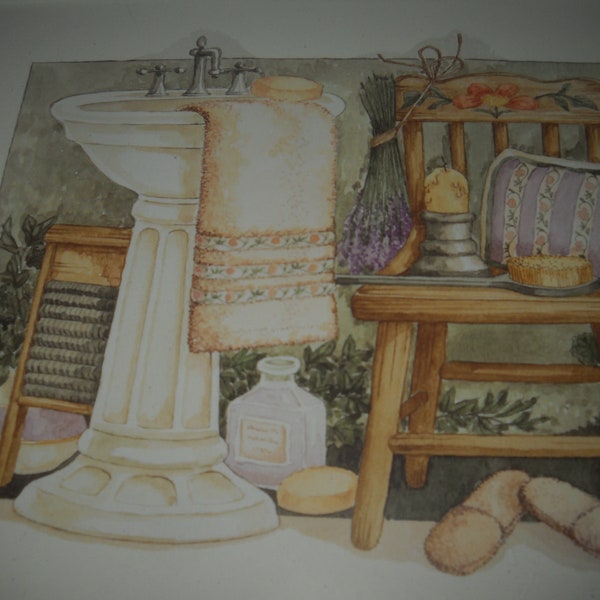 C. Winterle Olson bathroom wall decor pedestal sink chair pastel drawing 9 by 11 white frame unsigned under glass old style rare 009  box 2