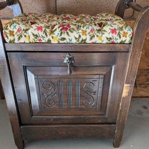 Piano bench antique Edwardian Victorian drop front music storage cabinet floral needlepoint seat cushion cover LOCAL PICKUP ONLY 200