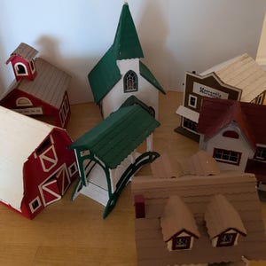 Buildings lot 7 1970s HO all wood laser cut village church barn silo store houses path bridge school built-kits 1/87 model train diorama 112