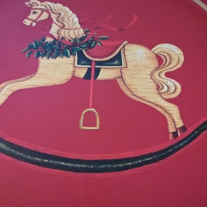 Christmas Plate tin round tray Wang International Victorian rocking horse decor 12&quot; diameter  bright red green border vtg  1988 b99