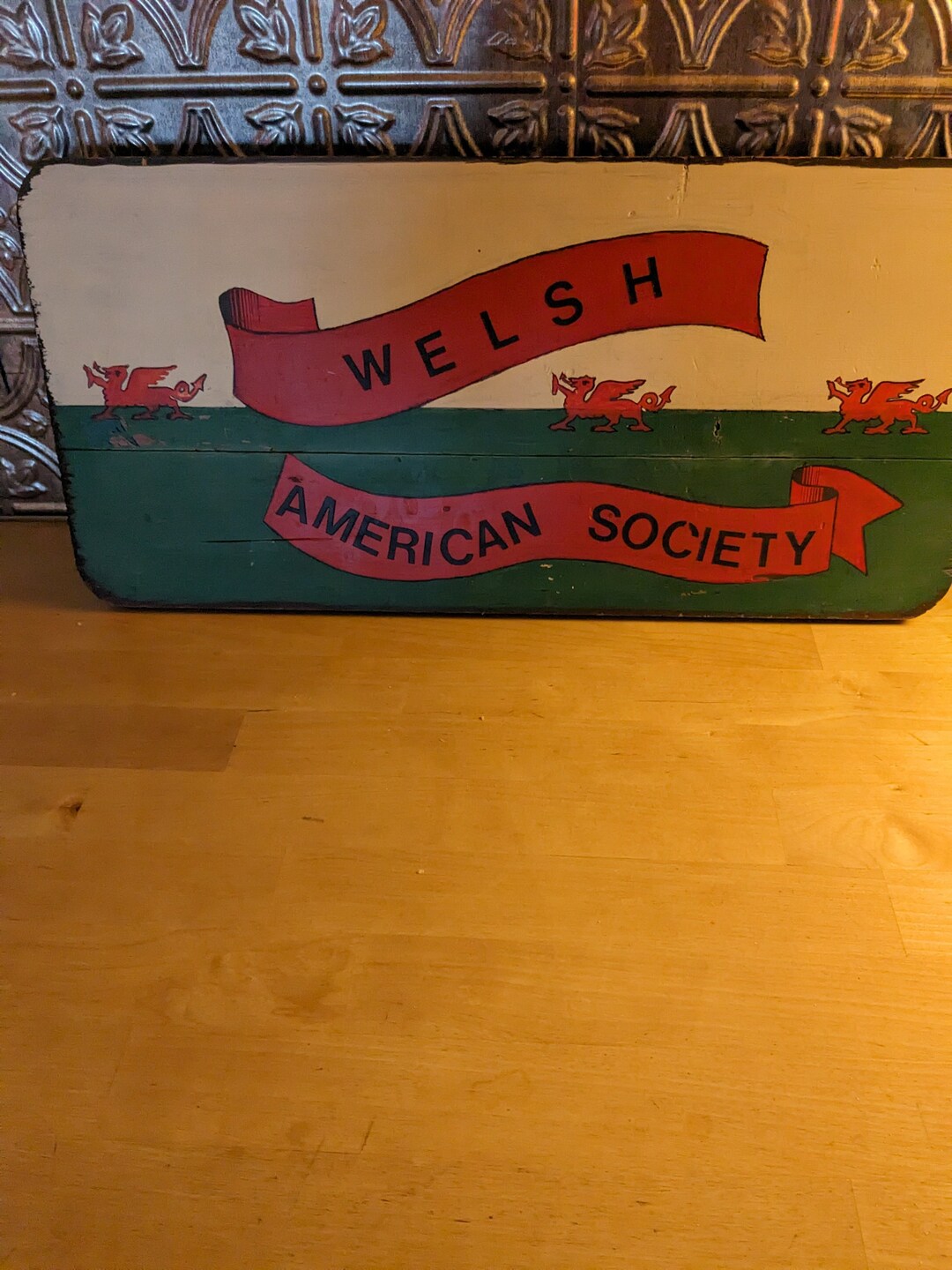 Welsh American Society Wood Sign Decor Plaque Solid One Piece Red Green