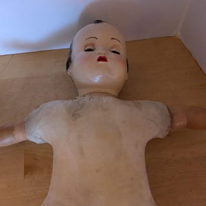 vtg doll 15&quot; Horsman sleepy eyes composite cloth body soft vinyl arms legs hard head vinyl blue pants nightgown molded black hair 262b87