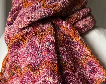 Hand Dyed Hand Knit Berry Silk and Merino Chevron Scarf